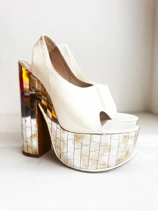 Rochas RUNWAY White Leather Mirror " Disco" Sandals Chunky Heel 39 - Picture 4 of 11